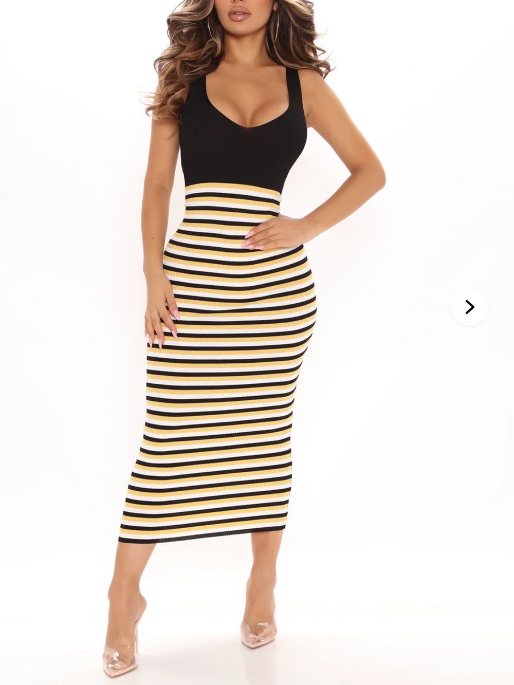 Fashion Nova Black, White & Yellow Striped Midi Dress🐝